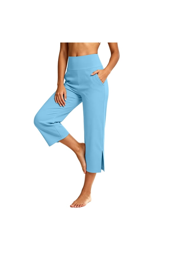 Women’s Wide-Leg Yoga Pants, High-Rise Split Cropped Cut with Inner Slip Pockets for Roadside Outdoor Workouts Blue M