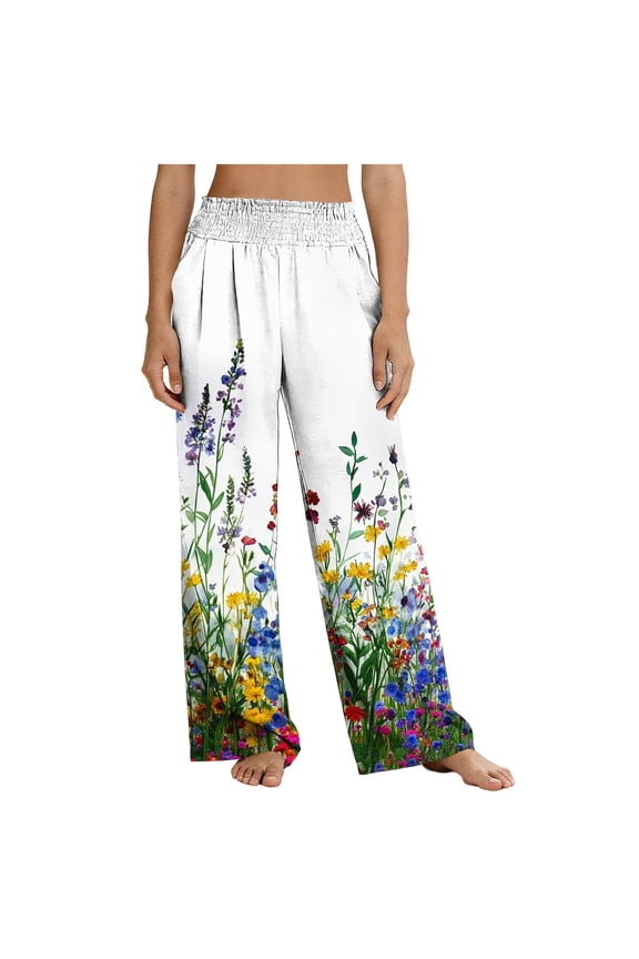 Women's Wildflower Print Smocked Waist Wide Leg Capri Pants for Summer Vacation
