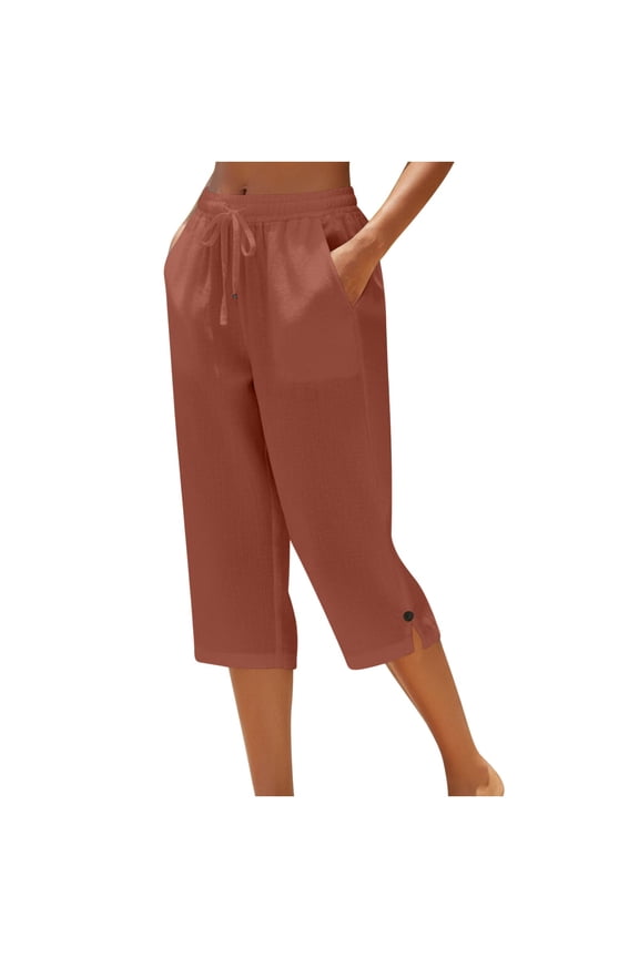 Women's Yoga Capri Pants Comfy Drawstring Lounge Sweatpants with Side Pockets Brown S