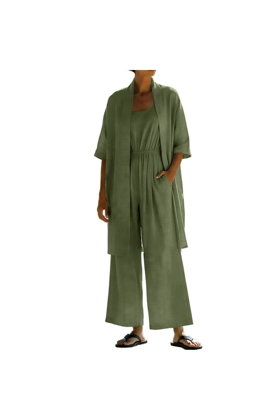 Womens 2 Piece Jumpsuit Set Square Neck Elastic Waist Wide Leg Pants with Matching Open Front Cardigan Green S