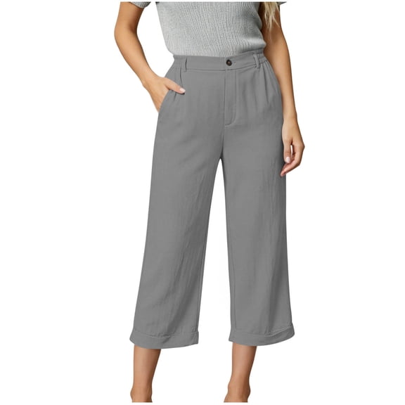 PWPSG Womens Capri Pants, High Waist Button Front Design, Linen Blend Material with Rolled Cuff for Weekend Casual Outfit Gray XL