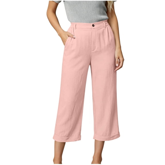 PWPSG Womens Capri Pants, High Waist Button Front Design, Linen Blend Material with Rolled Cuff for Weekend Casual Outfit Pink S