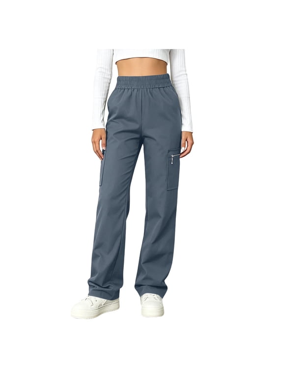 Womens Cargo Straight Leg Pants, Elastic Waistband Multi Pocket Layout, Stretch Flexible Fabric for Outdoor Daily Activity Gray M