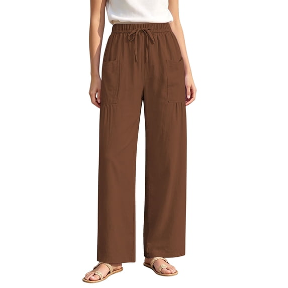PWPSG Womens Cargo Wide Leg Pants, Drawstring Waist Gathered Detail, Textured Woven Fabric with Loose Fit for Daily Fashion Styling Brown M
