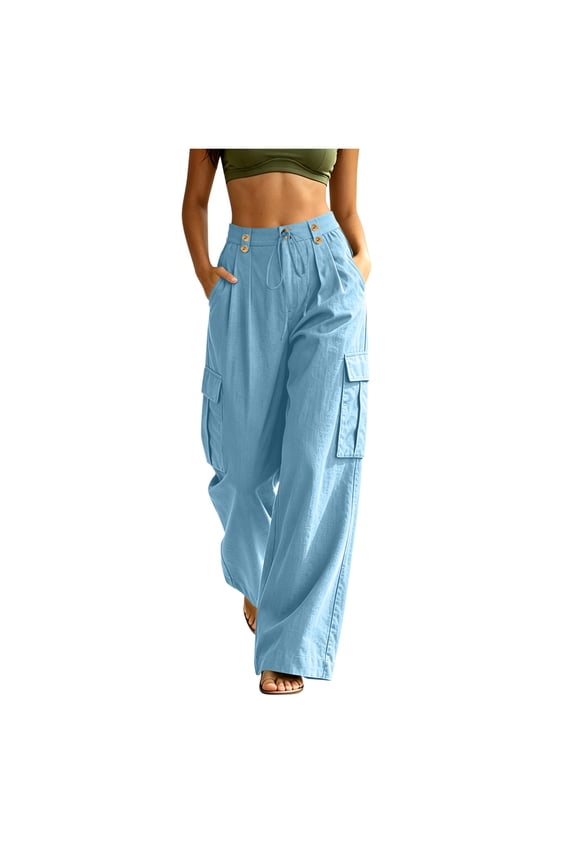 Womens Cargo Wide Leg Pants, High Waist Button Front with Multi Pockets, Textured Weave Fabric for Outdoor Everyday Styling Blue XL