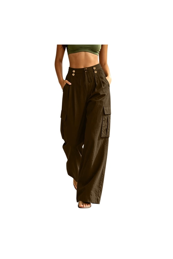Womens Cargo Wide Leg Pants, High Waist Button Front with Multi Pockets, Textured Weave Fabric for Outdoor Everyday Styling Brown XL