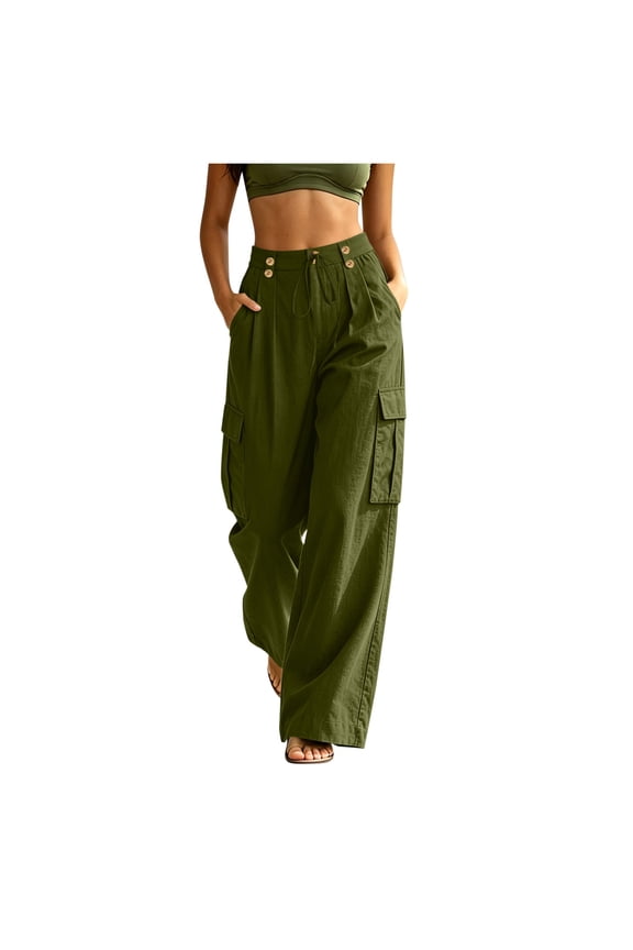Womens Cargo Wide Leg Pants, High Waist Button Front with Multi Pockets, Textured Weave Fabric for Outdoor Everyday Styling Green XL