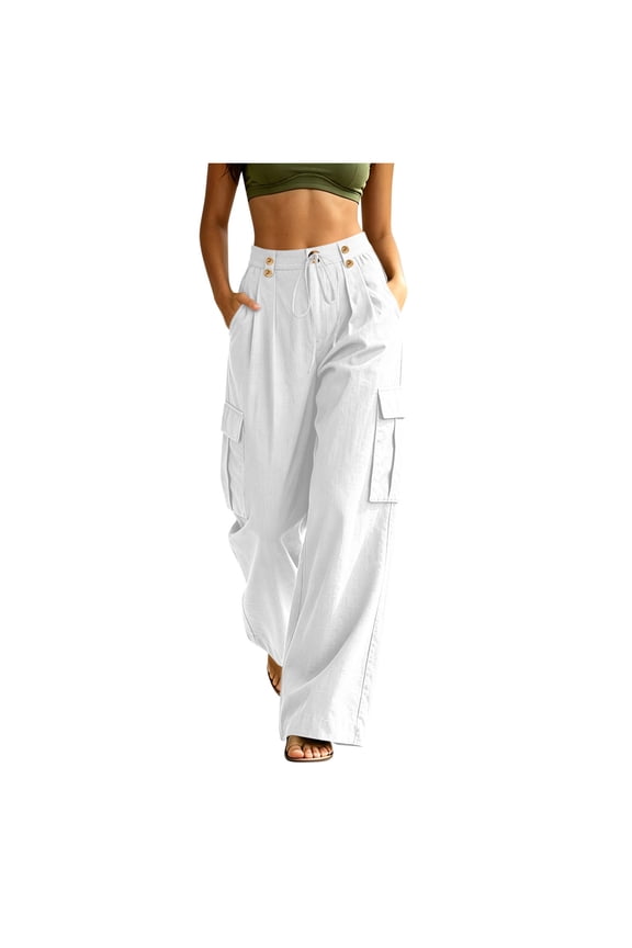 Womens Cargo Wide Leg Pants, High Waist Button Front with Multi Pockets, Textured Weave Fabric for Outdoor Everyday Styling White M