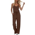 thumbnail image 1 of PWPSG Womens Casual Jumpsuit V Neck Spaghetti Strap Wide Leg Rompers with Drawstring Waist and Side Pockets Brown S, 1 of 7