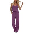 thumbnail image 1 of PWPSG Womens Casual Jumpsuit V Neck Spaghetti Strap Wide Leg Rompers with Drawstring Waist and Side Pockets Purple L, 1 of 7