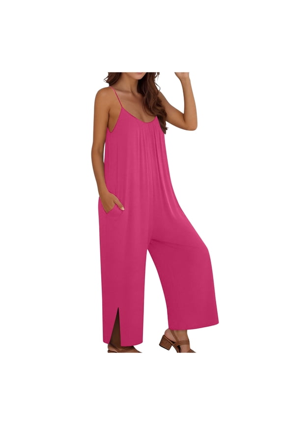Womens Casual Jumpsuit V Neck Spaghetti Strap Wide Leg Rompers with Side Slits and Functional Pockets Pink XL