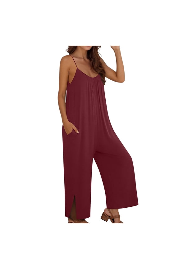 Womens Casual Jumpsuit V Neck Spaghetti Strap Wide Leg Rompers with Side Slits and Functional Pockets Red XL
