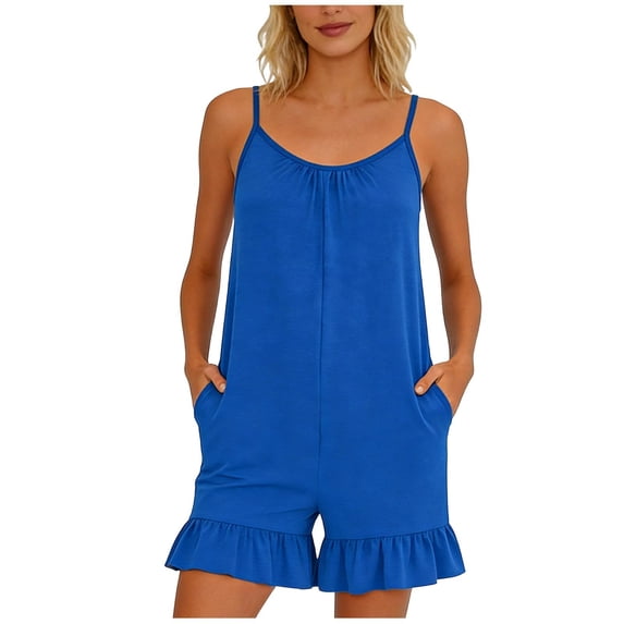 PWPSG Womens Casual Romper Scoop Neck Spaghetti Strap Ruffle Hem Shorts Jumpsuit with Side Pockets Blue XXL