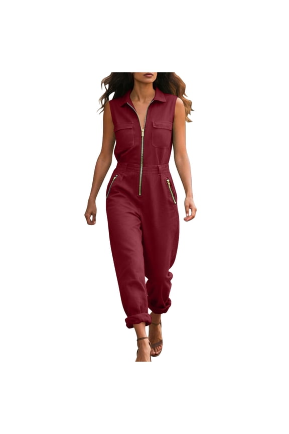 Womens Collared Sleeveless Full Zip Utility Jumpsuits Elastic Waist Jogger Pants with Multi Zipper Pocket Design Red S