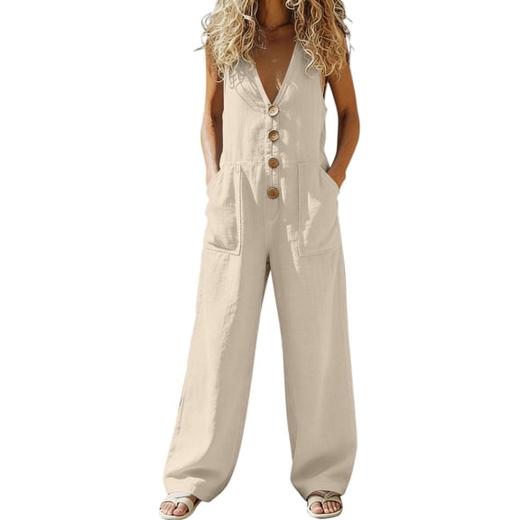 PWPSG Womens Deep V Neck Sleeveless Button Front Jumpsuits Relaxed Silhouette Retro Minimalist Cut built with practical sections Yellow M