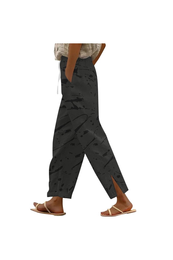 Womens Elastic Waist Abstract Printed Split Hem Straight Leg Pants, Light Flowing Fabric with Drawstring Casual Trousers Black S