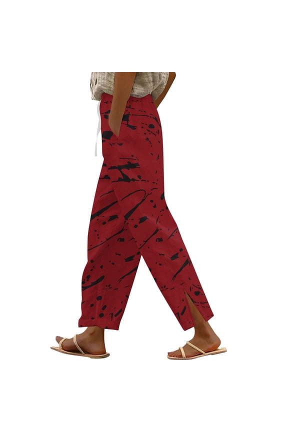 Womens Elastic Waist Abstract Printed Split Hem Straight Leg Pants, Light Flowing Fabric with Drawstring Casual Trousers Red S