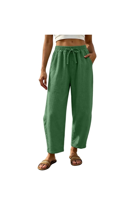 Womens Elastic-Waist Ankle Pants with Textured-Fabric and Drawstring, Soft Comfy for everyday casual daily wear Green XXL
