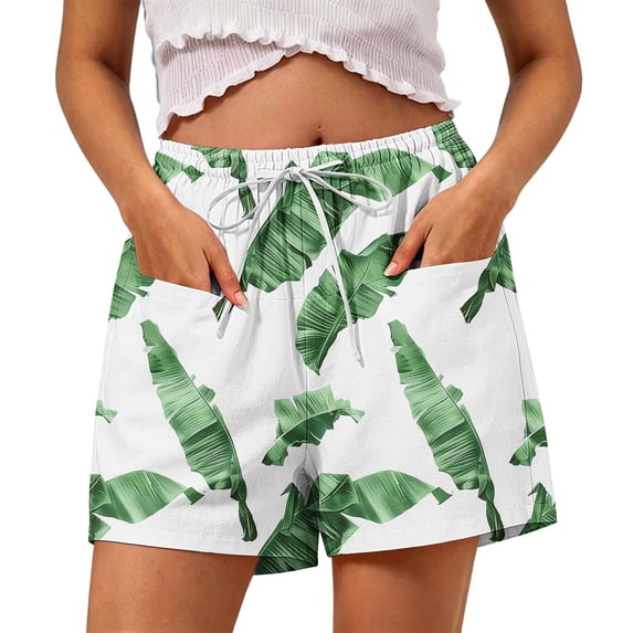 PWPSG Womens Elastic Waist Banana Leaf Print Shorts, Drawstring Waist with Relaxed Fit, Fresh Pattern for Vacation Casual Wear Green M