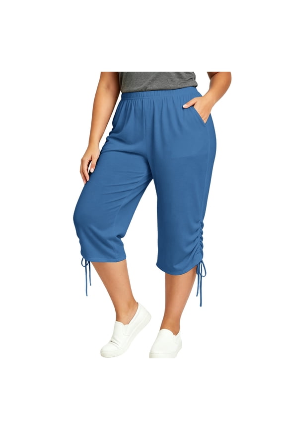 Womens Elastic-Waist Capri Pants with Side-Drawstring Ruched Detail and Solid Tone, Breathable for summer casual daily wear Blue XL