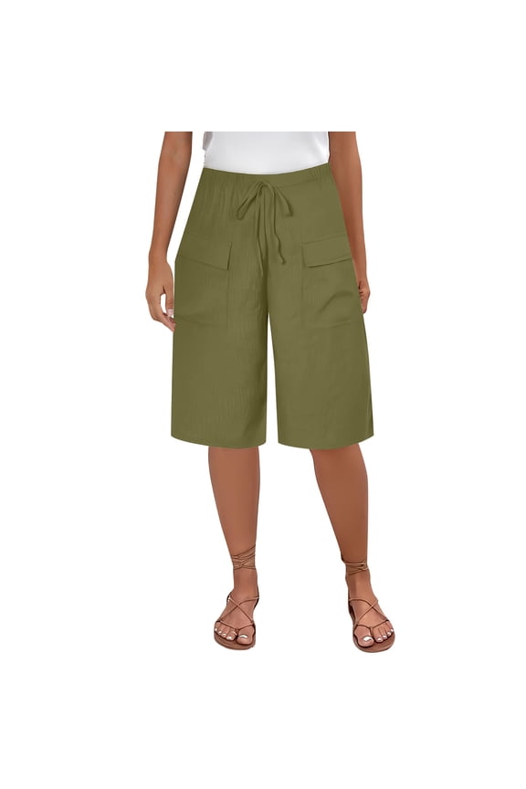 Womens Elastic Waist Cargo Bermuda Shorts, Multi-Pocket Layout Breathable Texture Modern Cut Casual Structural Design Green XXL