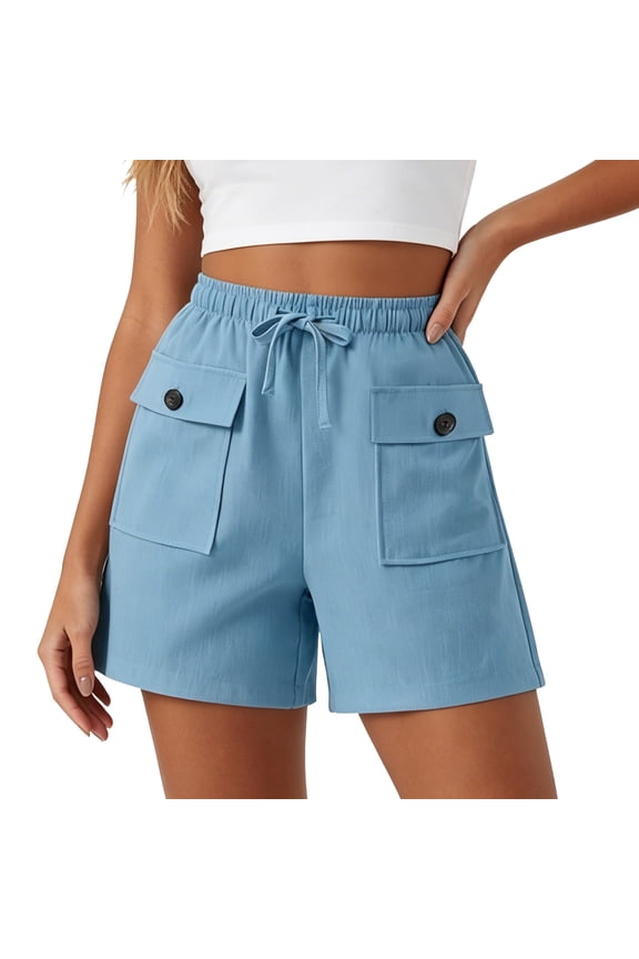 Womens Elastic Waist Cargo Casual Shorts, Large Patch Pockets with Drawstring, Loose Fit for Everyday Casual Wear Blue XXL