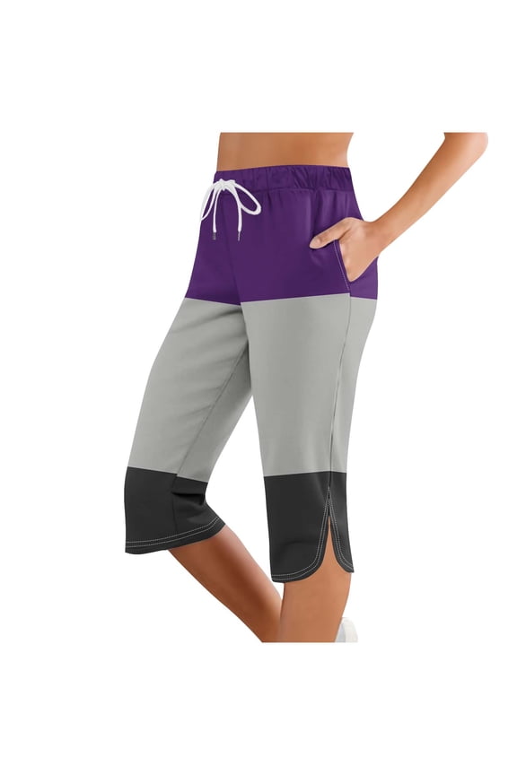 Womens Elastic Waist Color Block Split Hem Capri Pants, Minimalist Color Block Design with Casual Silhouette Purple S