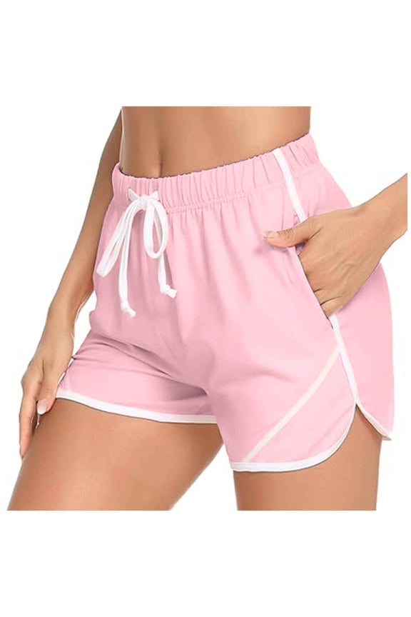 Womens Elastic Waist Contrast Trim Athletic Shorts, Adjustable Drawstring Waist Breathable Fabric Modern Sporty Layout Pink S