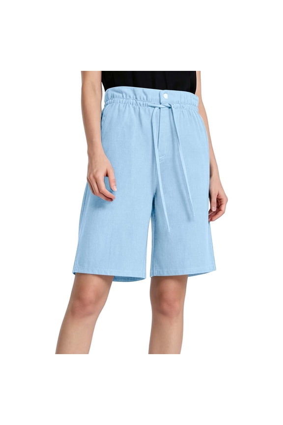 Womens Elastic Waist Cotton Bermuda Shorts, Button Fly Design with Drawstring, Loose Fit for Cozy Loungewear Use Blue S
