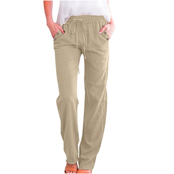 PWPSG Womens Elastic Waist Drawstring Cotton-Blend Straight Leg Pants, Riveted Pocket Detail with Casual Relaxed Trousers Beige S