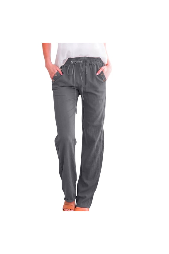 Womens Elastic Waist Drawstring Cotton-Blend Straight Leg Pants, Riveted Pocket Detail with Casual Relaxed Trousers Gray L