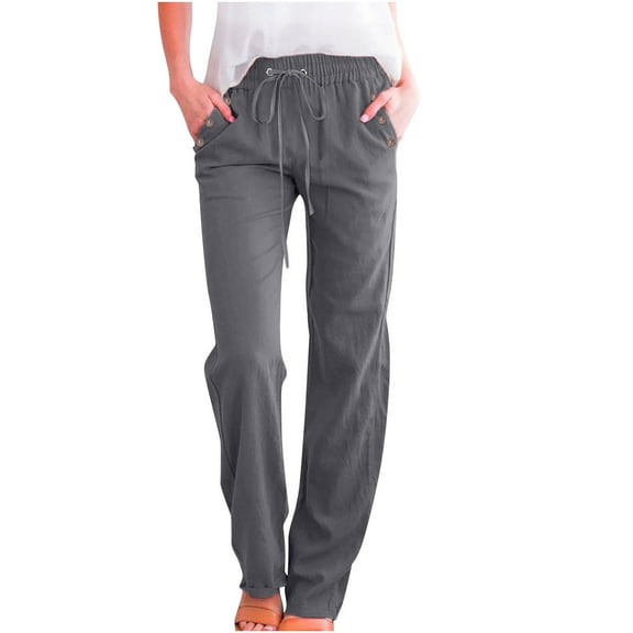 PWPSG Womens Elastic Waist Drawstring Cotton-Blend Straight Leg Pants, Riveted Pocket Detail with Casual Relaxed Trousers Gray L