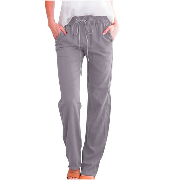 PWPSG Womens Elastic Waist Drawstring Cotton-Blend Straight Leg Pants, Soft Drape Material with Everyday Comfort Slacks Gray S