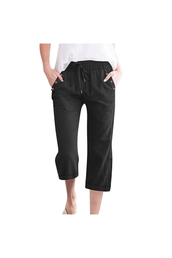 Womens Elastic Waist Drawstring Linen-Blend Capri Pants, Chic Riveted Pocket with Casual Relaxed Daily Trousers Black XXXXL