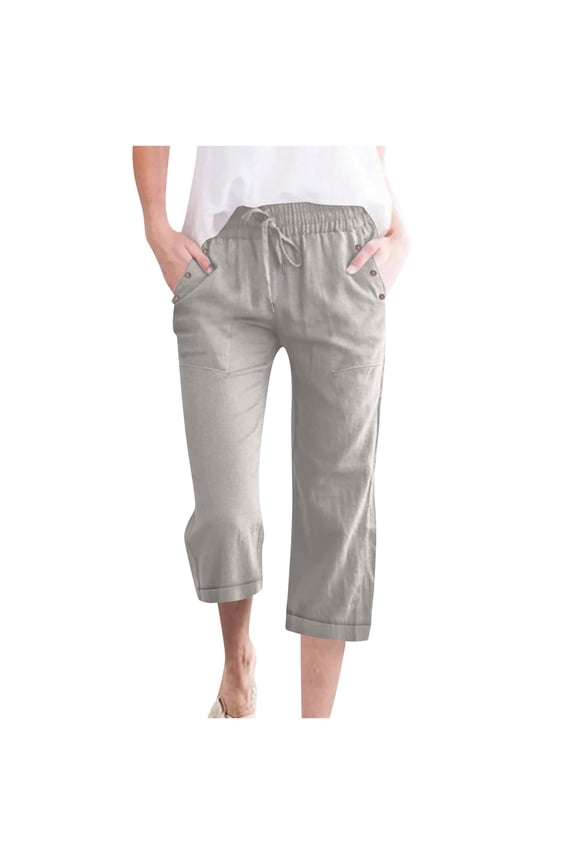 Womens Elastic Waist Drawstring Linen-Blend Capri Pants, Chic Riveted Pocket with Casual Relaxed Daily Trousers Gray XXXXXL