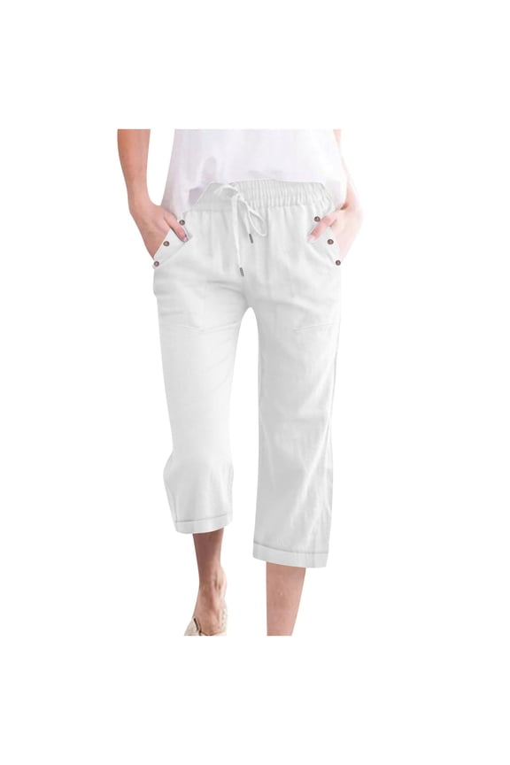 Womens Elastic Waist Drawstring Linen-Blend Capri Pants, Chic Riveted Pocket with Casual Relaxed Daily Trousers White XXXXL