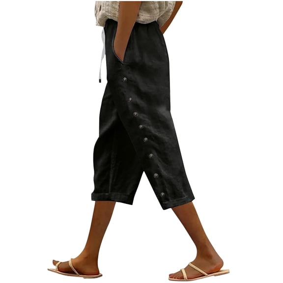 PWPSG Womens Elastic Waist Drawstring Linen-Blend Capri Pants, Ornate Side Buttons with Casual Relaxed Daily Style Black M