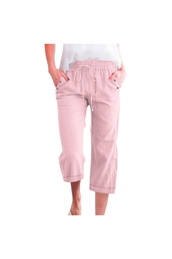 Womens Elastic Waist Drawstring Linen-Blend Capri Pants, Riveted Pocket Design for Comfortable Everyday Trousers Pink M