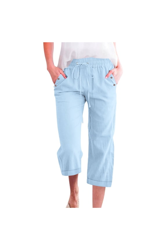 Womens Elastic Waist Drawstring Linen-Blend Capri Pants, Riveted Pocket Detail with Versatile Casual Slacks Blue XXL