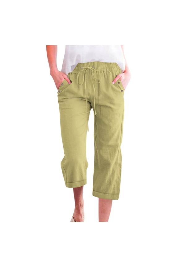 Womens Elastic Waist Drawstring Linen-Blend Capri Pants, Riveted Pocket Detail with Versatile Casual Slacks Green S