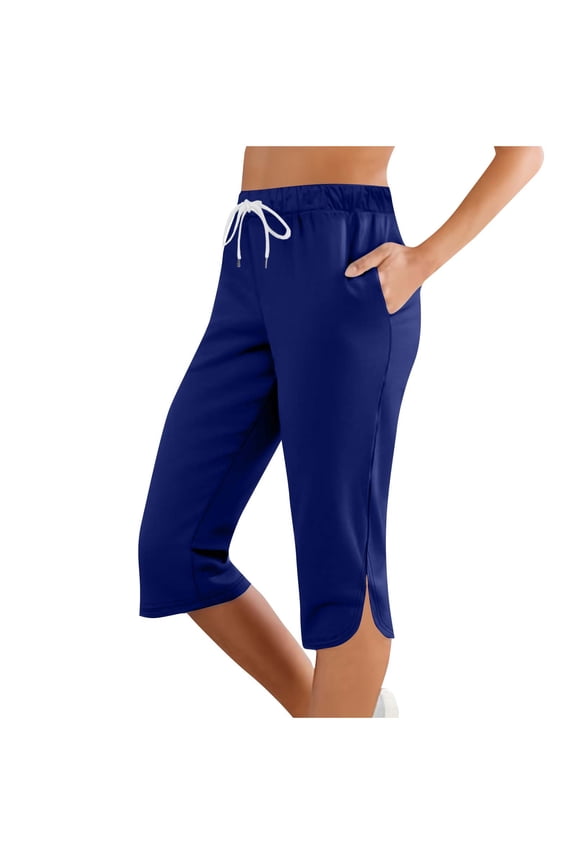 Womens Elastic Waist Drawstring Split Hem Cropped Pants, Structured Side Pockets with Ventilated Athletic Slacks Blue L