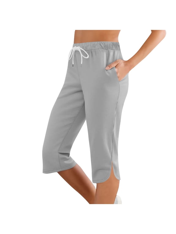 Womens Elastic Waist Drawstring Split Hem Cropped Pants, Structured Side Pockets with Ventilated Athletic Slacks Gray XXL