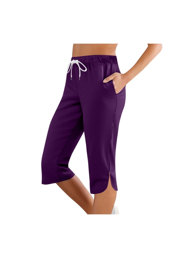 Womens Elastic Waist Drawstring Split Hem Cropped Pants, Structured Side Pockets with Ventilated Athletic Slacks Purple XXL