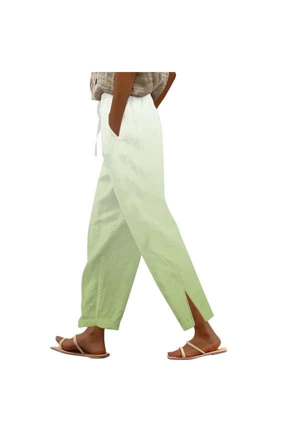 Womens Elastic Waist Linen-Blend Split Hem Straight Leg Pants, Soft Weave Material with Drawstring Casual Slacks Green S