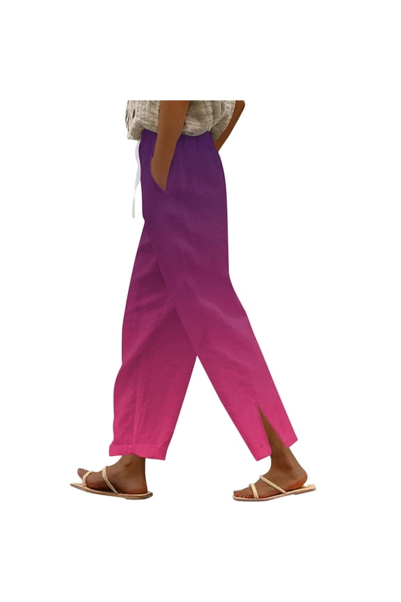 Womens Elastic Waist Linen-Blend Split Hem Straight Leg Pants, Soft Weave Material with Drawstring Casual Slacks Pink S