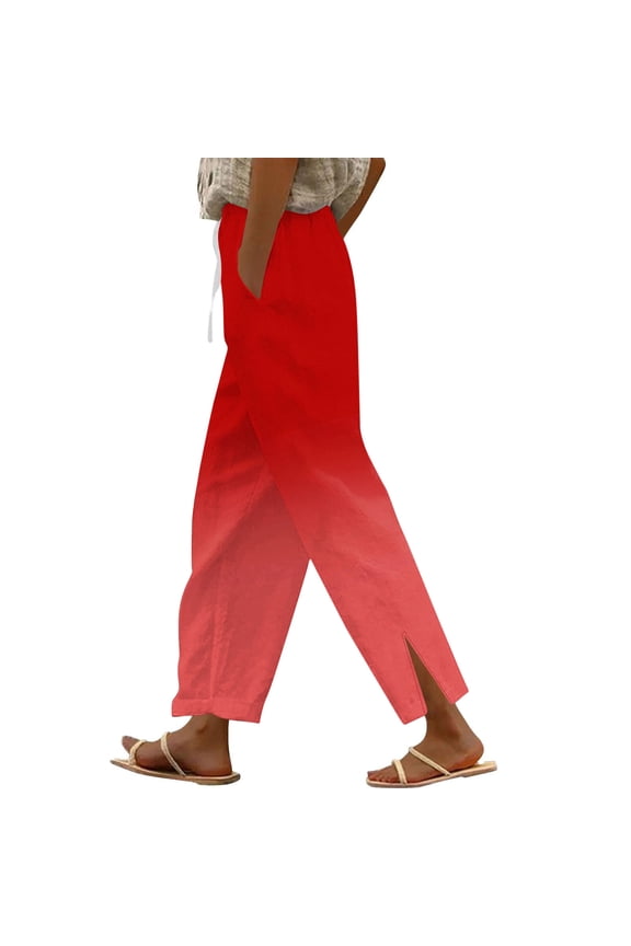 Womens Elastic Waist Linen-Blend Split Hem Straight Leg Pants, Soft Weave Material with Drawstring Casual Slacks Red S