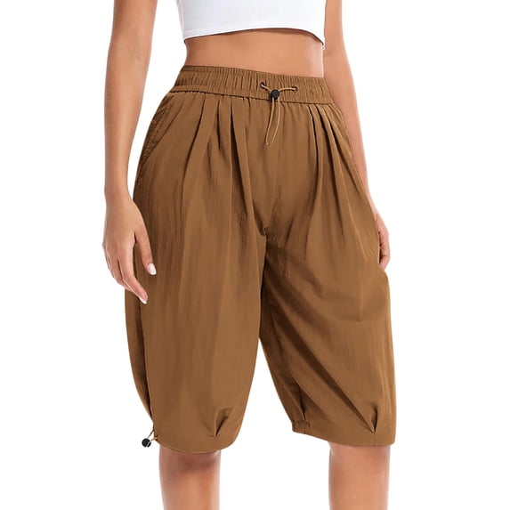 PWPSG Womens Elastic Waist Loose Casual Capris, Drawstring Waist with Adjustable Hem, Vintage Fabric for Streetwear Outfits Brown XXL