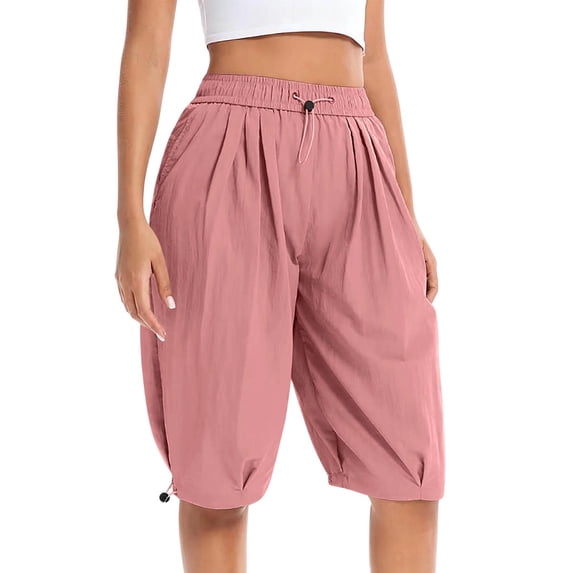 PWPSG Womens Elastic Waist Loose Casual Capris, Drawstring Waist with Adjustable Hem, Vintage Fabric for Streetwear Outfits Pink XXXL