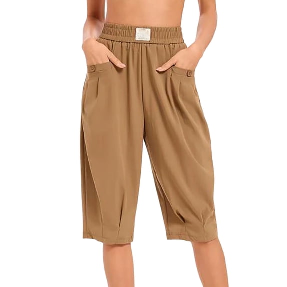 PWPSG Womens Elastic Waist Loose Casual Capris, Front Patch Pockets with Drawstring, Lightweight Fabric for Vacation Daily Wear Yellow M