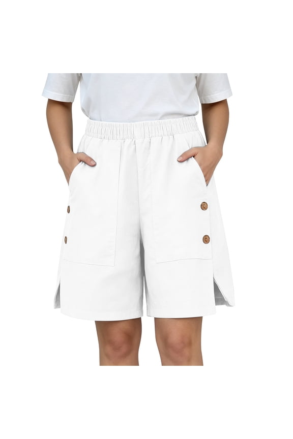 Womens Elastic Waist Side Button Capris, Wide Leg with Side Slit Design, Relaxed Silhouette for Office Casual Outfits White S